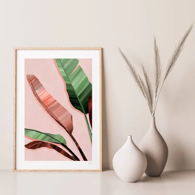 Pink and Green Banana Leaf Art Print