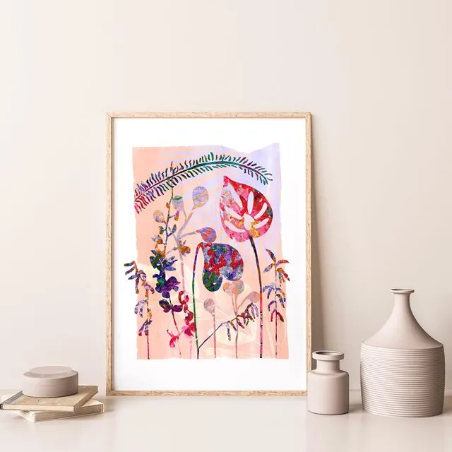 Pink Tropical Flower and Leaf Art Print