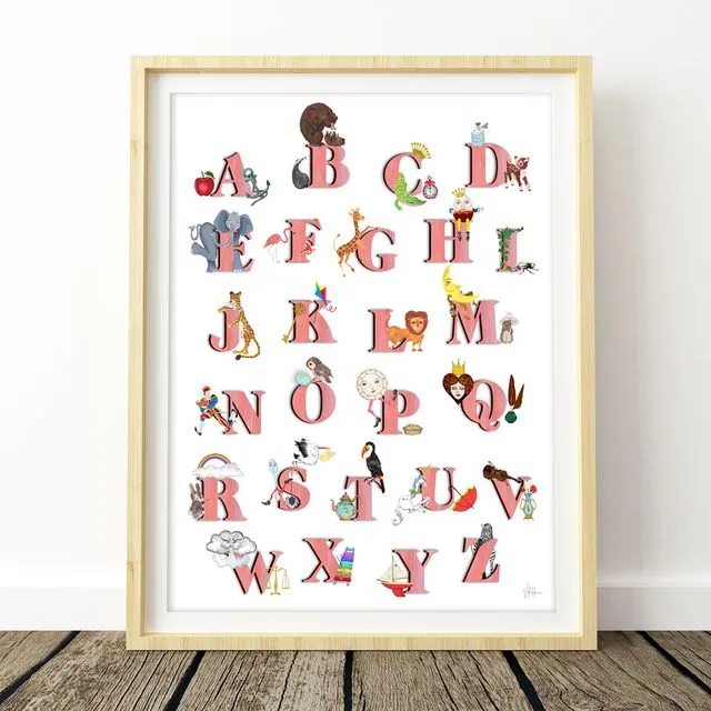 Pink Vintage Illustrated Alphabet Art Print