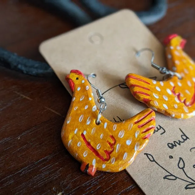 Hens handmade clay earrings, chicken earrings