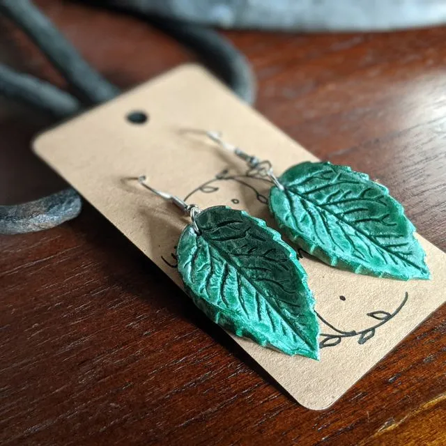 Green leaves air dry clay earrings