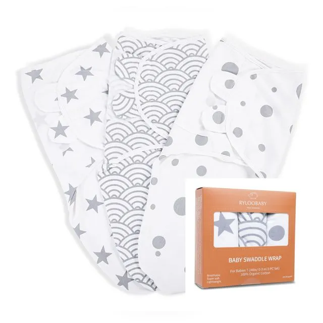 Baby Swaddle Blanket Wrap Newborn & Infant, 0-3 Months, 100% Breathable Organic Cotton Swaddles, Adjustable Set 3 Pack
