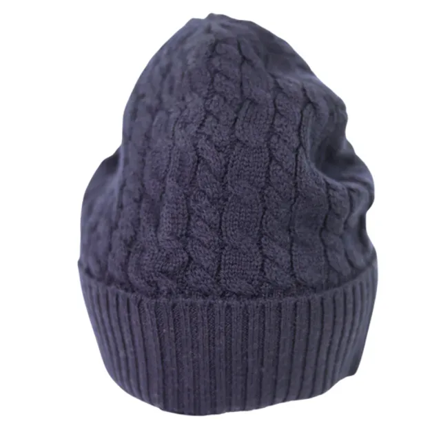 Merino Wool Cable Knit Beanie Hat Navy