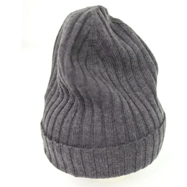 Merino Wool Ribbed Knit Beanie Hat Anthra