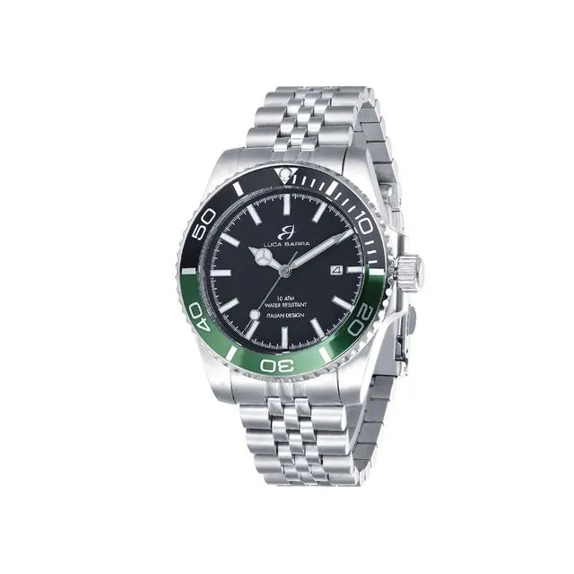 Watch With Stainless Steel Case Black Dial, green and black top ring BU79