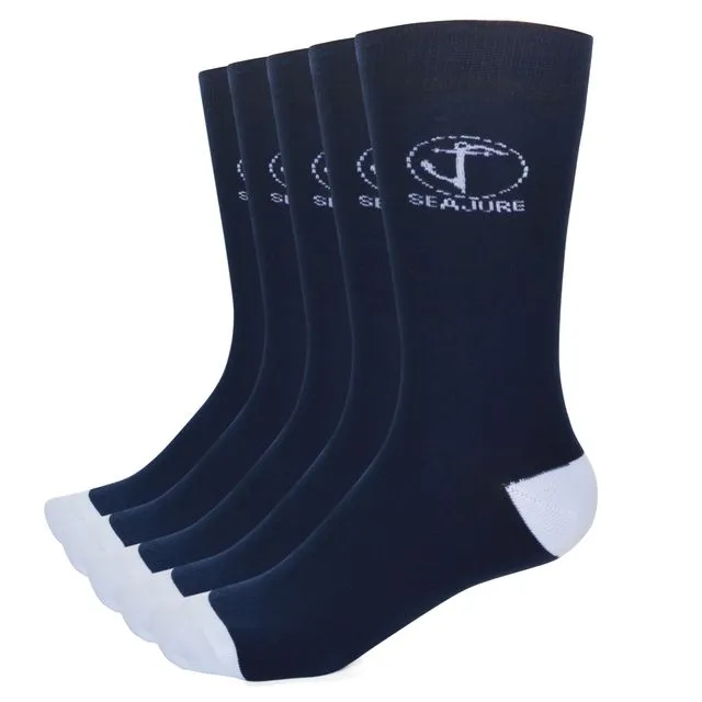 5 Pack Seajure Cotton Socks with Comfort Cuff Navy Blue and White Unisex, for men and women