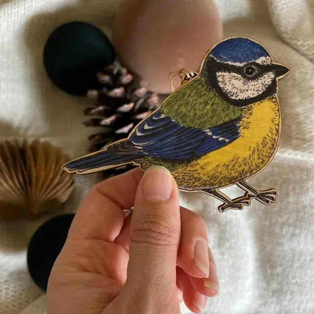 Blue Tit bird wooden Christmas decoration