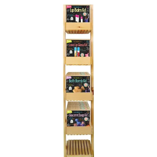 Bundle of 48 Kiss Naturals Kits + Wood Display: 12 pcs each Lip Balm, 12 Lip Gloss, 12 Bath Bombs, 12 Glycerin Soap