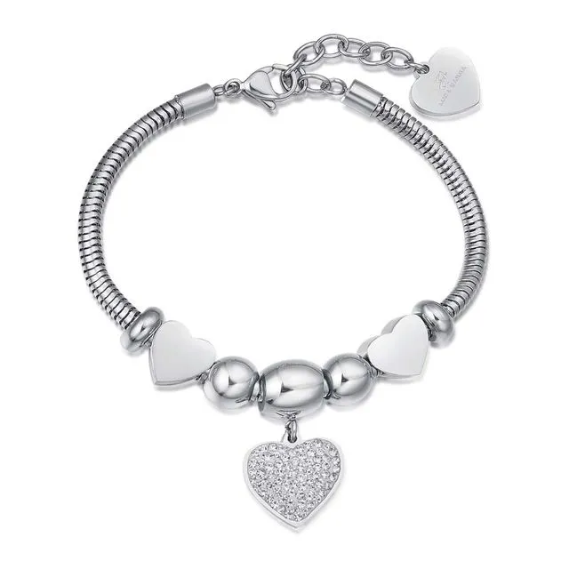 Stainless Steel Bracelet With Heart With White Crystals And Hearts