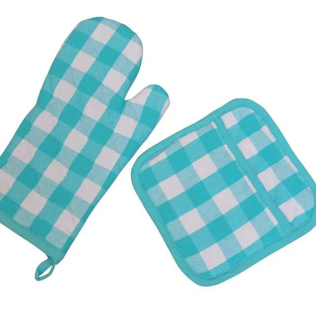 Yourtablecloth Set of Checkered Oven Mitt and Pot Holder or Oven Gloves-100% Cotton, Heat Resistance, Superior Protection & Comfort–Gingham design-Machine Washable Aqua and White