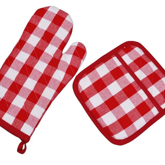 Yourtablecloth Set of Checkered Oven Mitt and Pot Holder or Oven Gloves-100% Cotton, Heat Resistance, Superior Protection & Comfort–Gingham design-Machine Washable Red and White