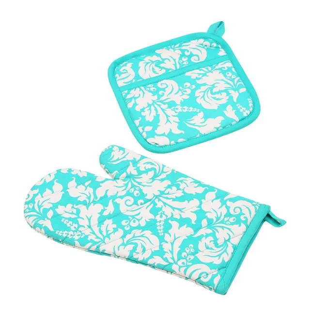 Yourtablecloth Set of Oven Mitt and Pot Holder or Oven Gloves-100% Cotton, High Heat Resistance, Superior Protection & Comfort–Elegant Design-Machine Washable-Turquoise