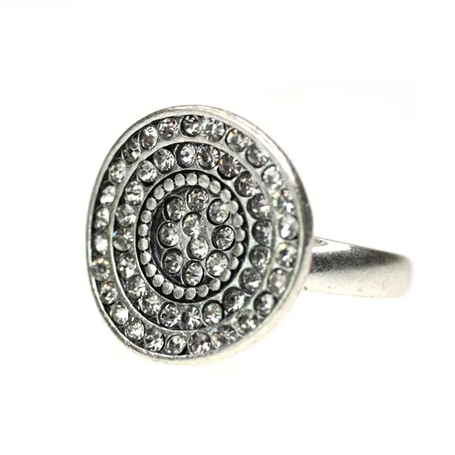 Vintage silver-plating/clear crystals Glitter ring