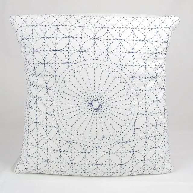 Nakshi Kantha Cotton Cushion Cover - White & Blue
