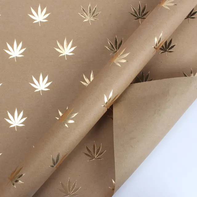 Cannabis Leaf Gold Foil Kraft Wrapping Paper Sheets - (4) - 30" X 20" Sheets