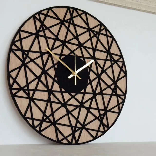 Wooden Wall Clock POLYGONAL Black Felt