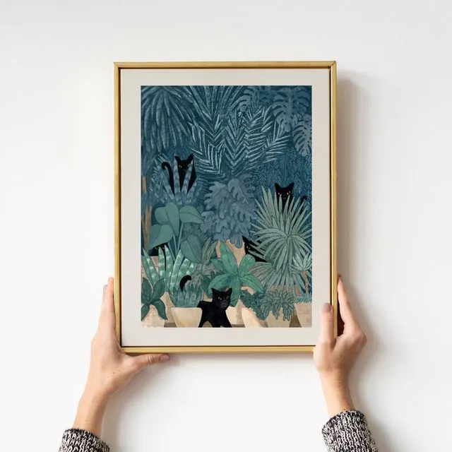 Black Cats in a Potted Jungle Giclée Art Print