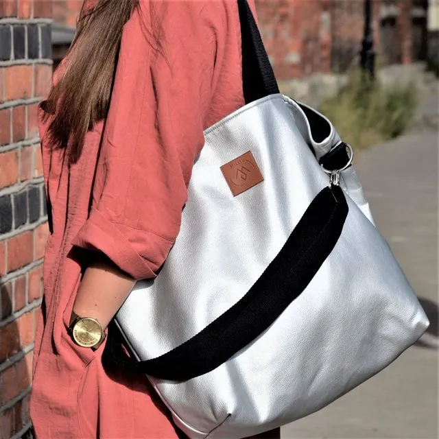 Handmade tote bag, shopper bag, eco leather - silver