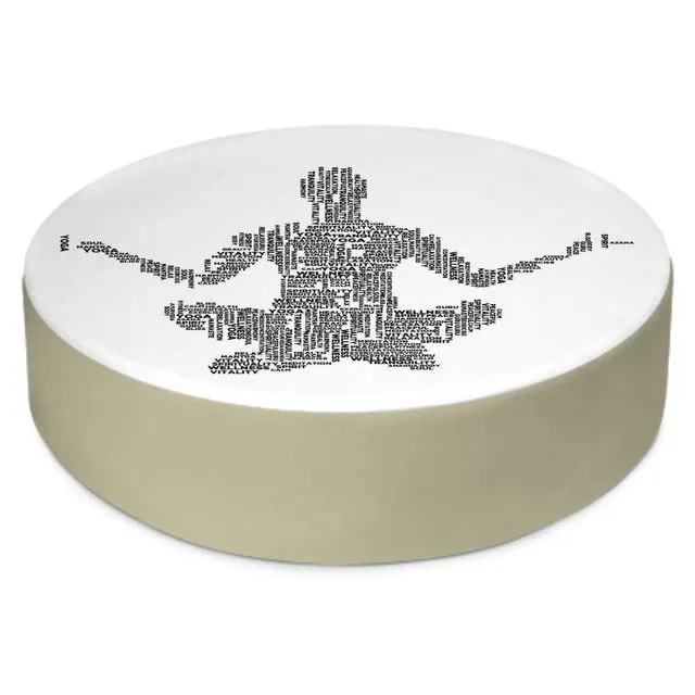 Yoga themed words in the shape of a yoga figure round floor cushion