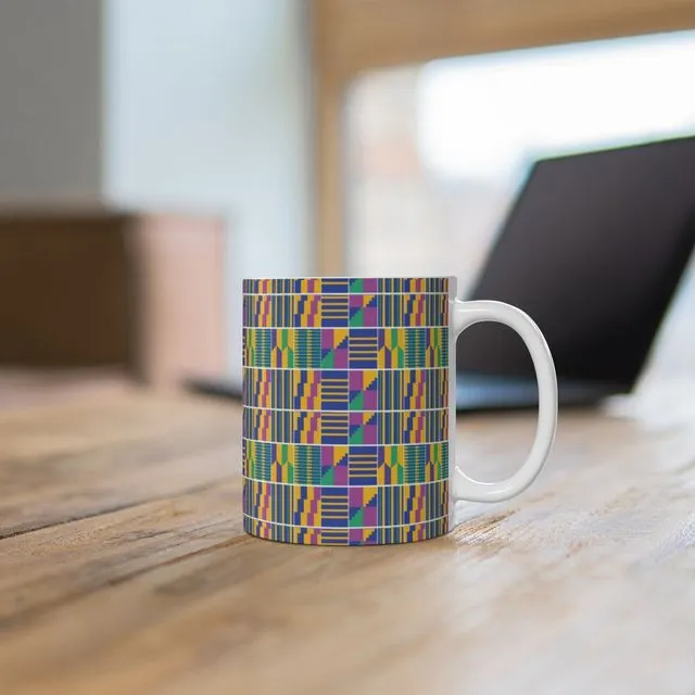 Ceramic Mug (11oz) - Kente Blue | African Ghana Cloth Print