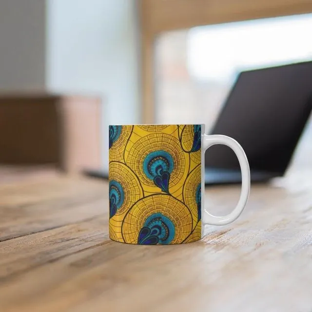 Ceramic Mug (11oz) - Yellow Peacock | African Ankara Print