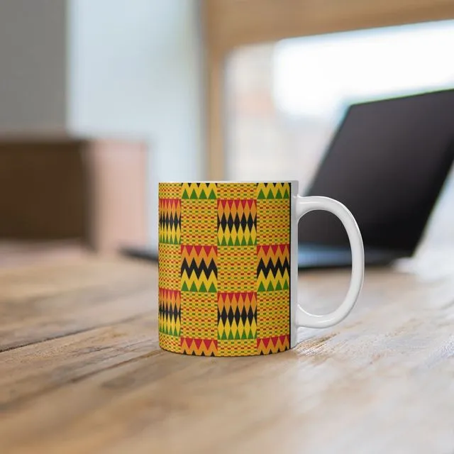 Ceramic Mug (11oz) - Kente Gold | African Ghana Cloth Print