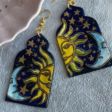 Heart Earrings Celestial Stud Earrings Handmade Celestial Earrings Moon Earrings Fimo Earrings. Gold Leaf Earrings Star Earrings