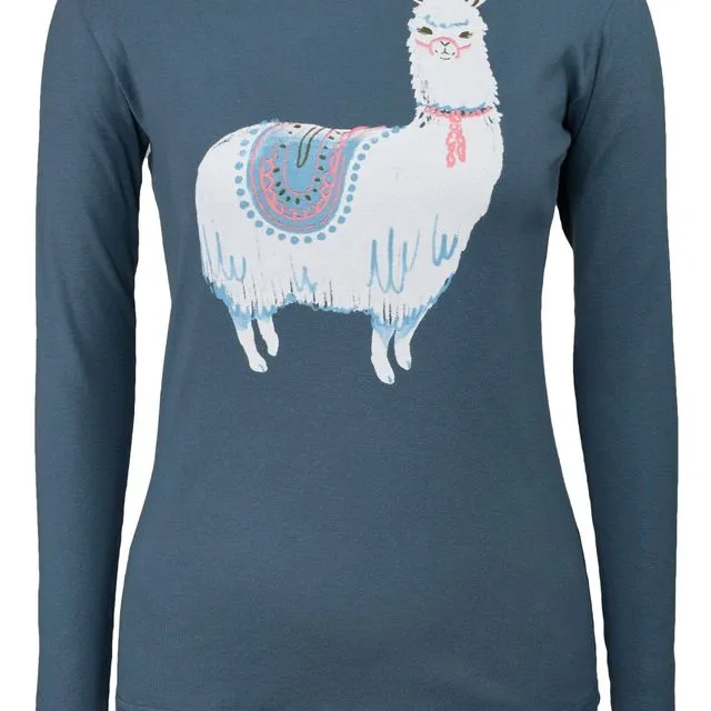 Women's Long Sleeve Tee - Llama on Star Blue