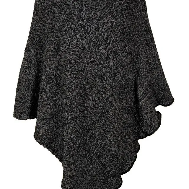 Women's Cotton Sweater Knit Pullover Poncho - Black Space