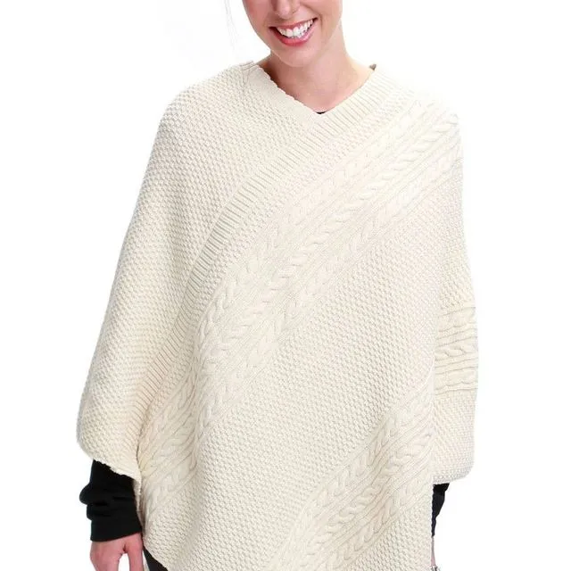 Women's Cotton Sweater Knit Pullover Poncho - Natural Cable