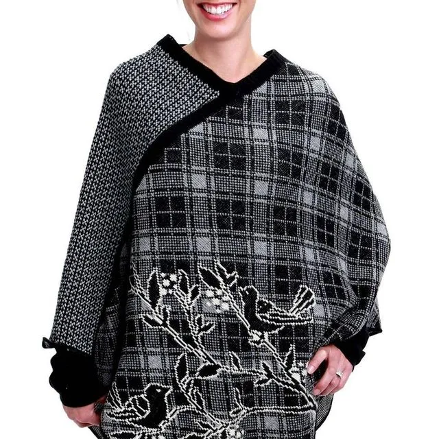 Women's Cotton Sweater Knit Pullover Poncho - Plaid Bird