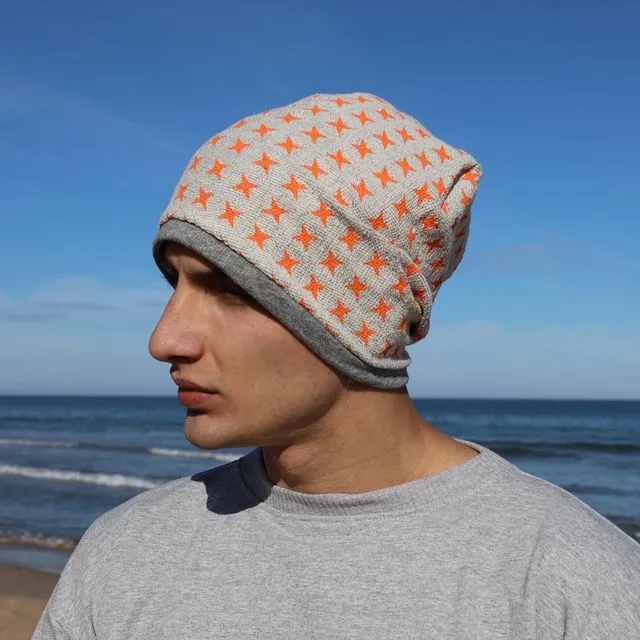 Beanie Hats In Inverted Cotton Sweatshirt Fabric - 424H Orange Stars
