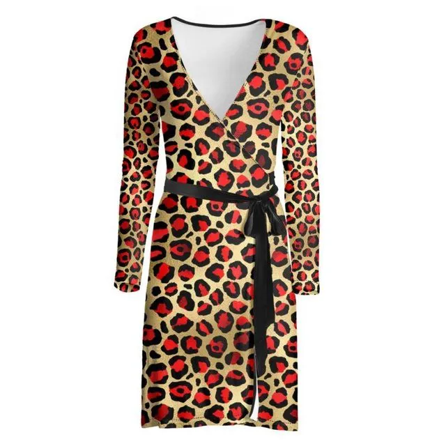 Red and gold animal print pattern wrap dress