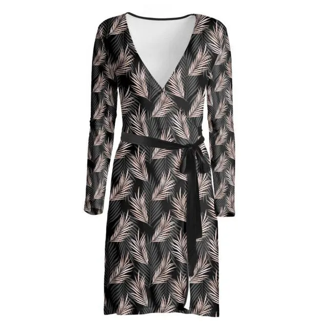 Black with leaf pattern Wrap Dress