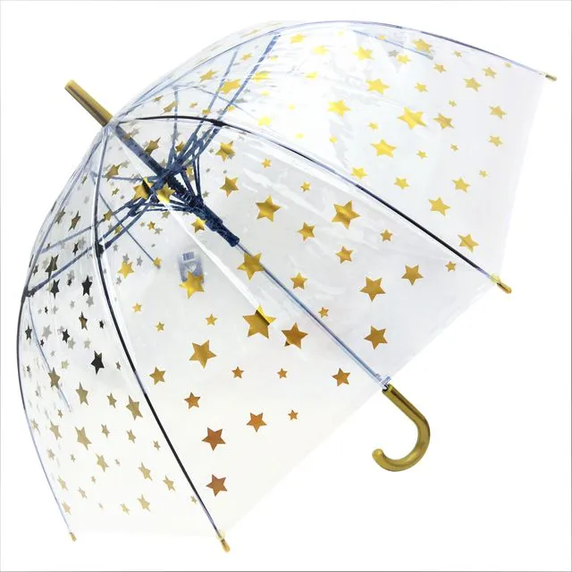 Umbrella - Gold Stars Print Transparent Straight, Wind Resilient