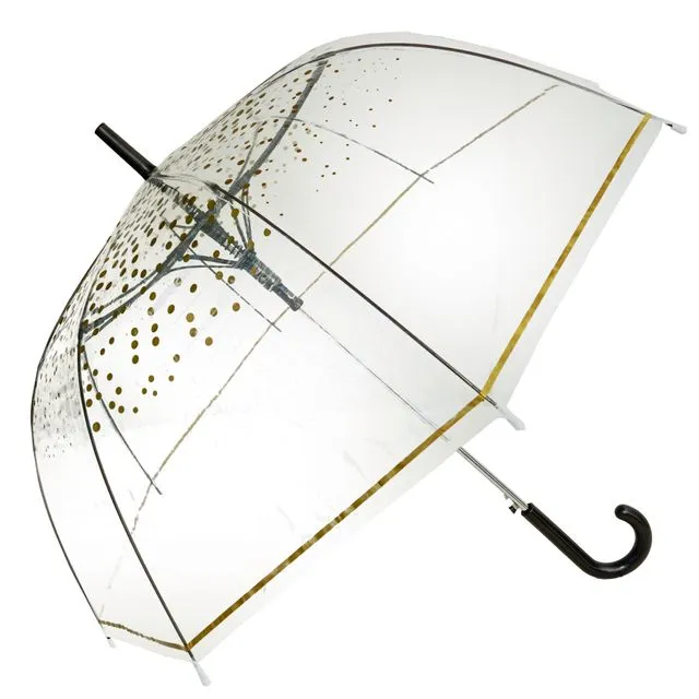 Umbrella - Gold Polka Design Transparent Straight, Wind Resilient