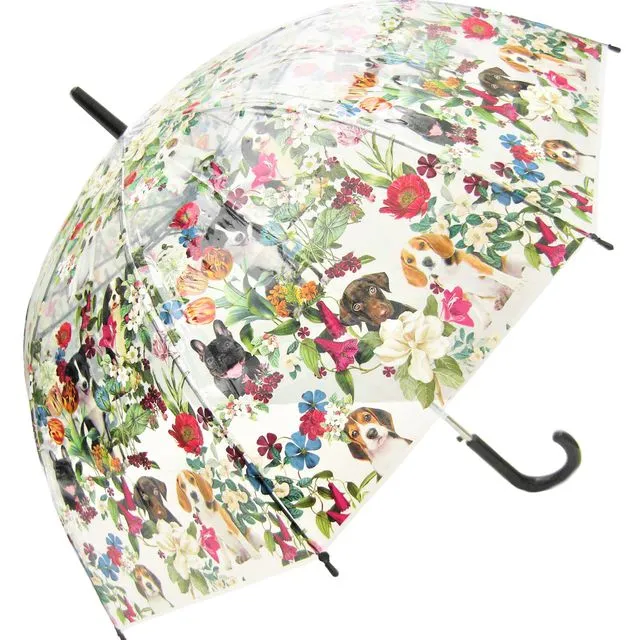 Umbrella - Puppies in Floral Garden Transparent Straight, Wind Resilient