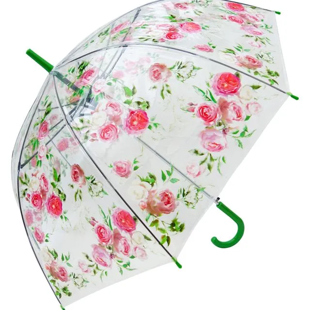 Umbrella - Pink Roses Print Transparent Straight, Wind Resilient