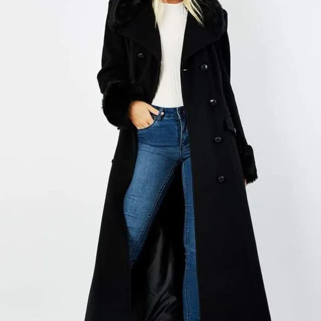 Alexa Wool Blend Military Faux Fur Trim Maxi Coat - Black