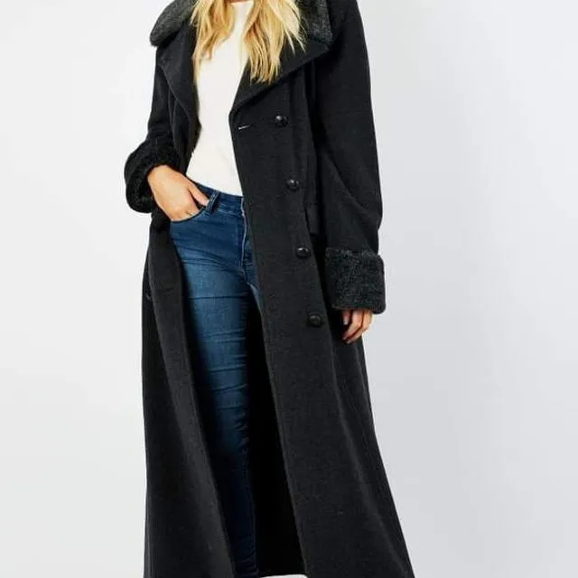 Alexa Wool Blend Military Faux Fur Trim Maxi Coat - Grey