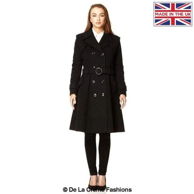 Amber Wool Blend Double Breasted Trench Coat - Black