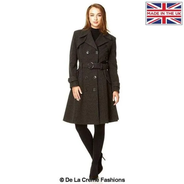 Amber Wool Blend Double Breasted Trench Coat - Grey