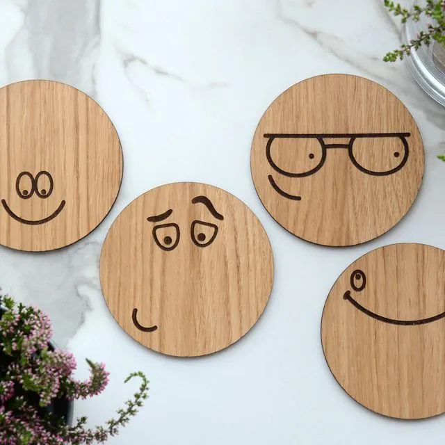 Wooden Coasters for Drinks "EMOTICONS", Set of 4