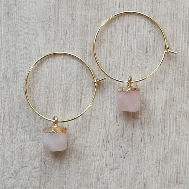 Gold hoop earrings with Rose Quartz