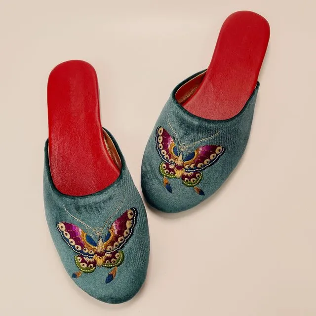 Embroidered butterfly in teal velvet mules slippers