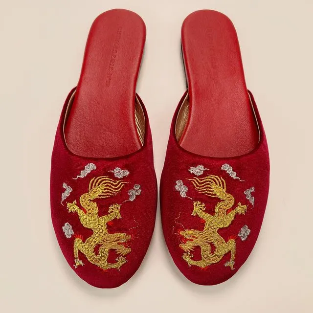 Embroidered dragon in red wine velvet mules slippers