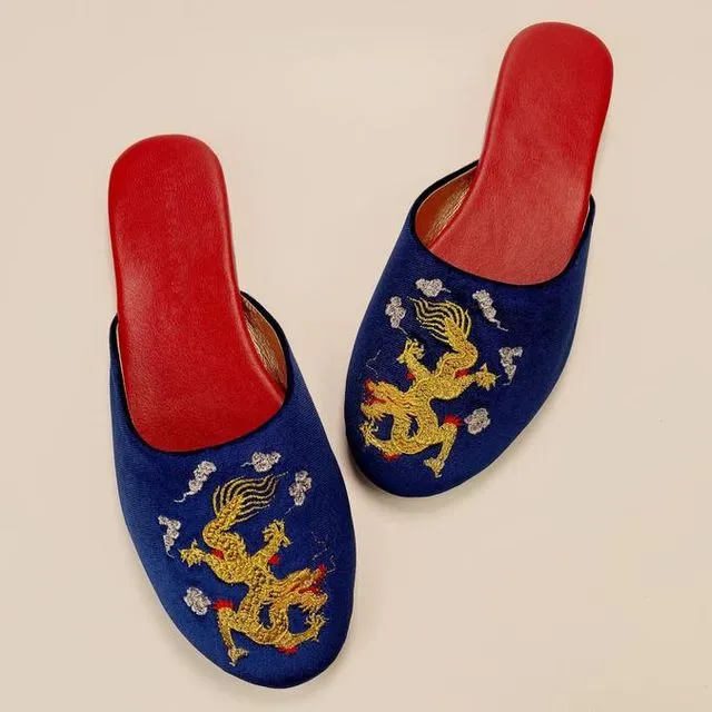 Embroidered dragon in royal blue velvet mules slippers