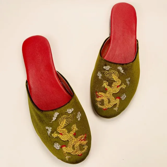 Embroidered dragon in olive velvet mules slippers