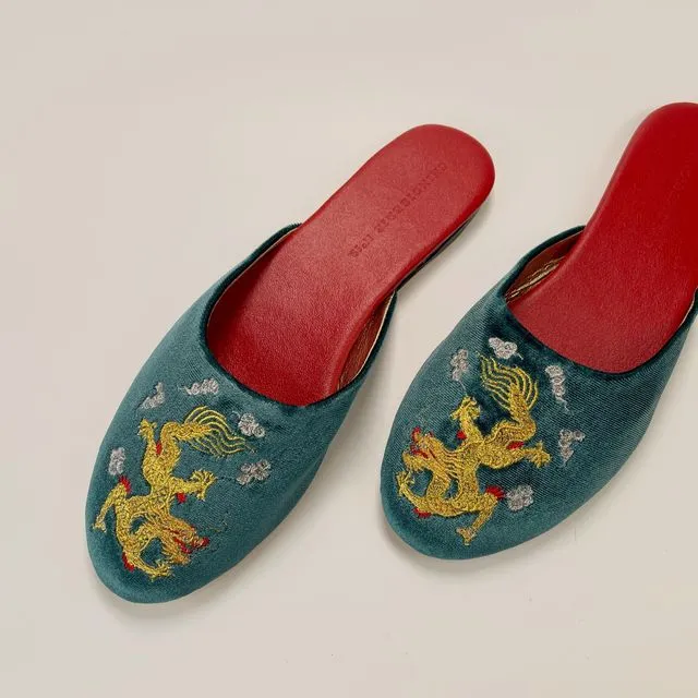 Embroidered dragon in teal velvet mules slippers