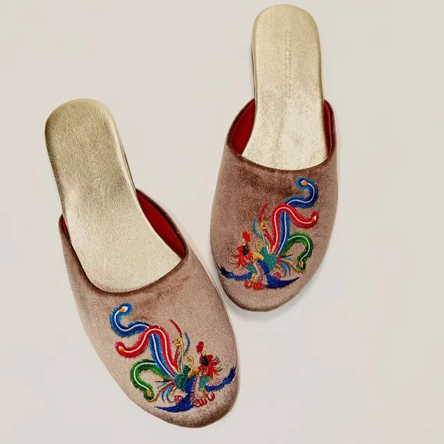 Embroidered phoenix in taupe velvet mules slippers
